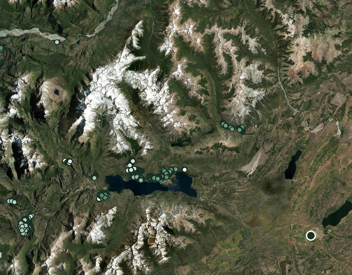 Vista del mapa del catálogo con los bosquetes plantados en Cholila y El Hoyo