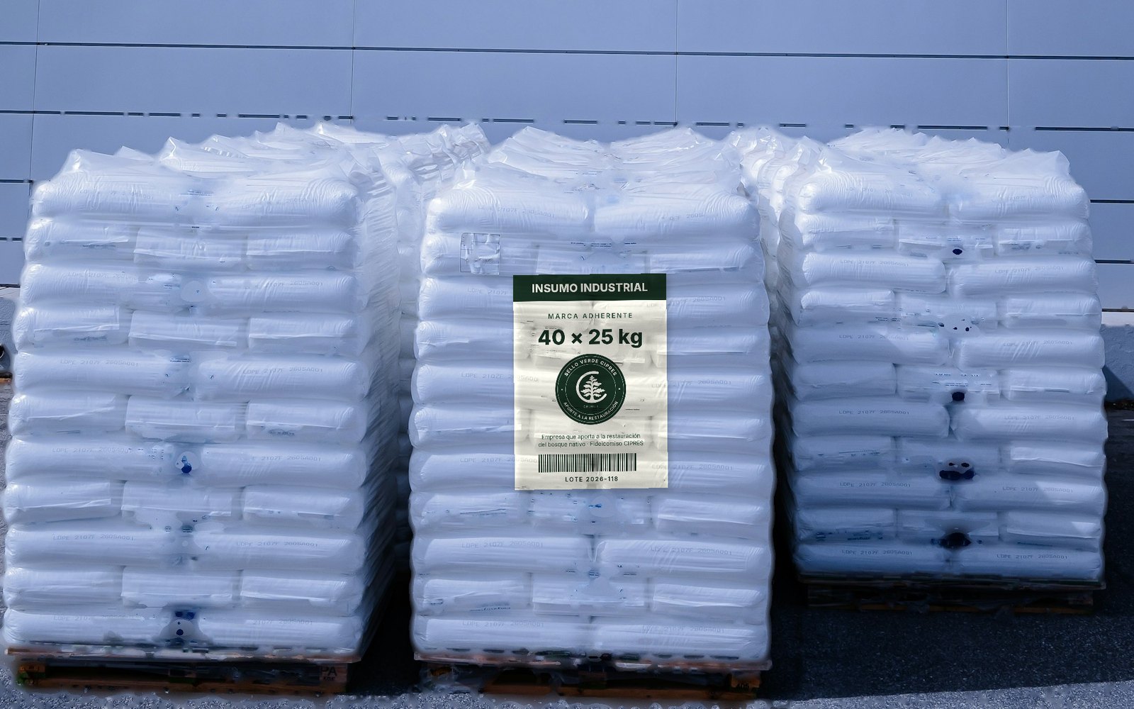 Fotografía: pallet de bolsas con el Sello Verde CIPRES aplicado